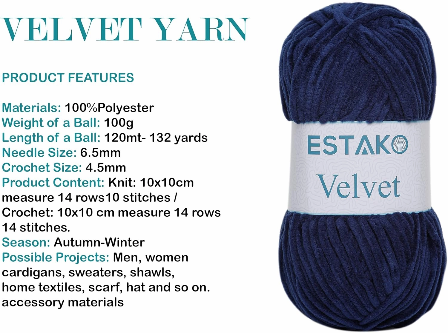 Estako Velvet (3- Skeins Pack) Chenille Blanket amigurumi Yarn for Crocheting and Knitting Super Bulky 3x100 gr (3x132 yds) (1210 - Navy Blue)
