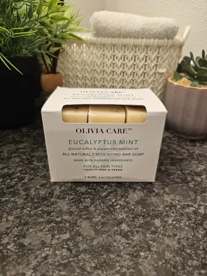 Eucalyptus Mint Exfoliating Soap Bar Set, All Natural with Ground Coffee and Peppermint Essential Oil, Organic Ingredients, 3 Bars, 5 oz Each, Made in USA, White