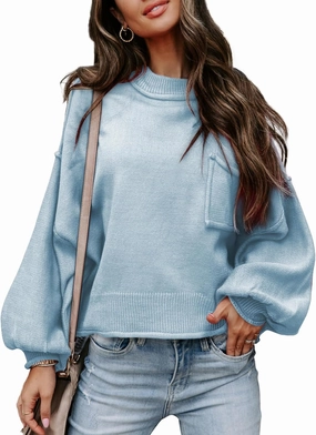 EVALESS Women's 2024 Lantern Long Sleeve Crewneck Sweater Casual Solid Color Ribbed Hem Knitwear Pullover Cropped Tops
