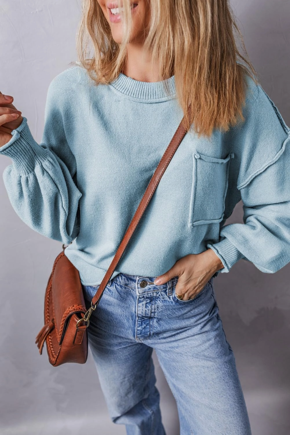 EVALESS Women's 2024 Lantern Long Sleeve Crewneck Sweater Casual Solid Color Ribbed Hem Knitwear Pullover Cropped Tops