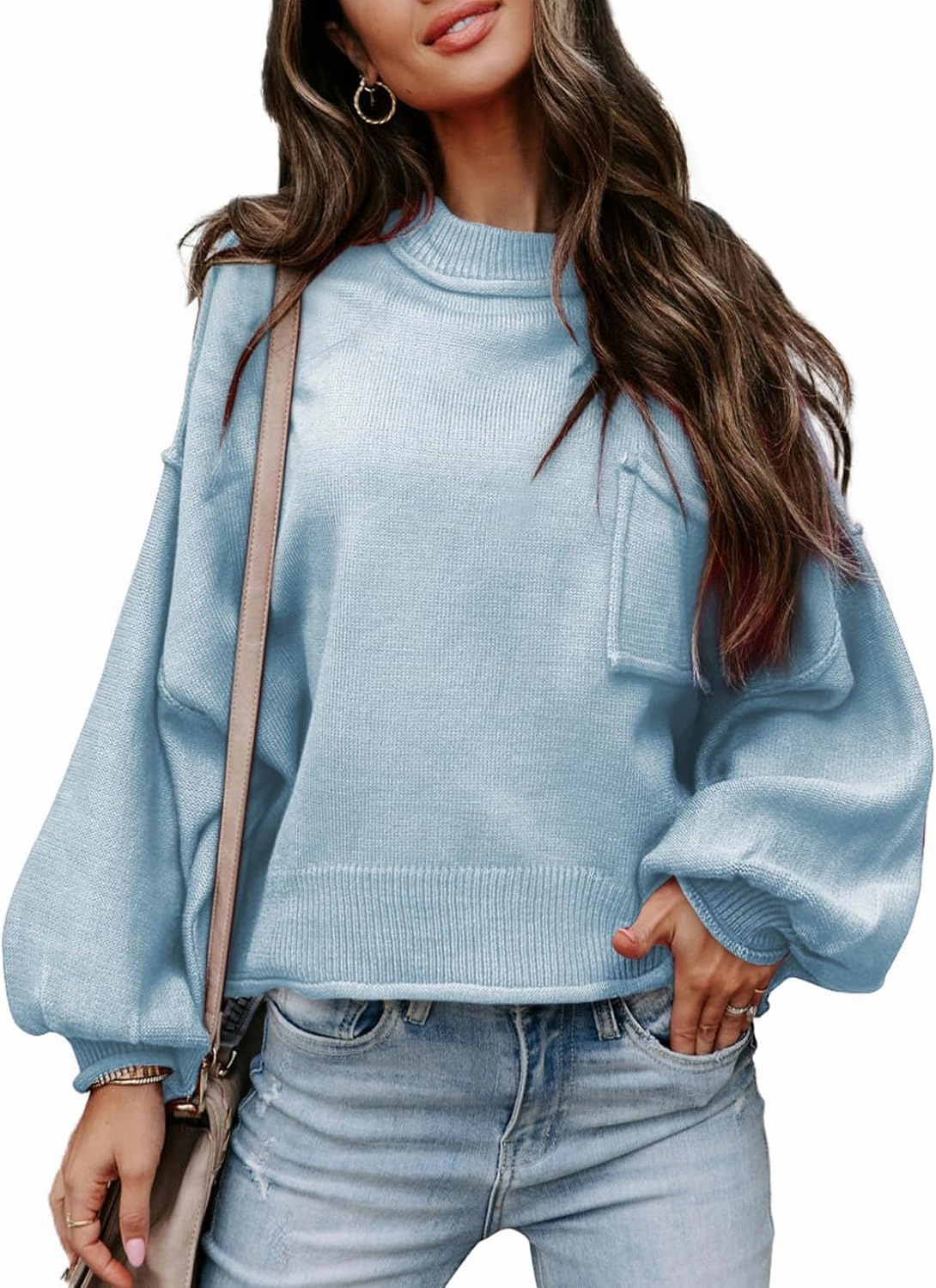 EVALESS Women's 2024 Lantern Long Sleeve Crewneck Sweater Casual Solid Color Ribbed Hem Knitwear Pullover Cropped Tops