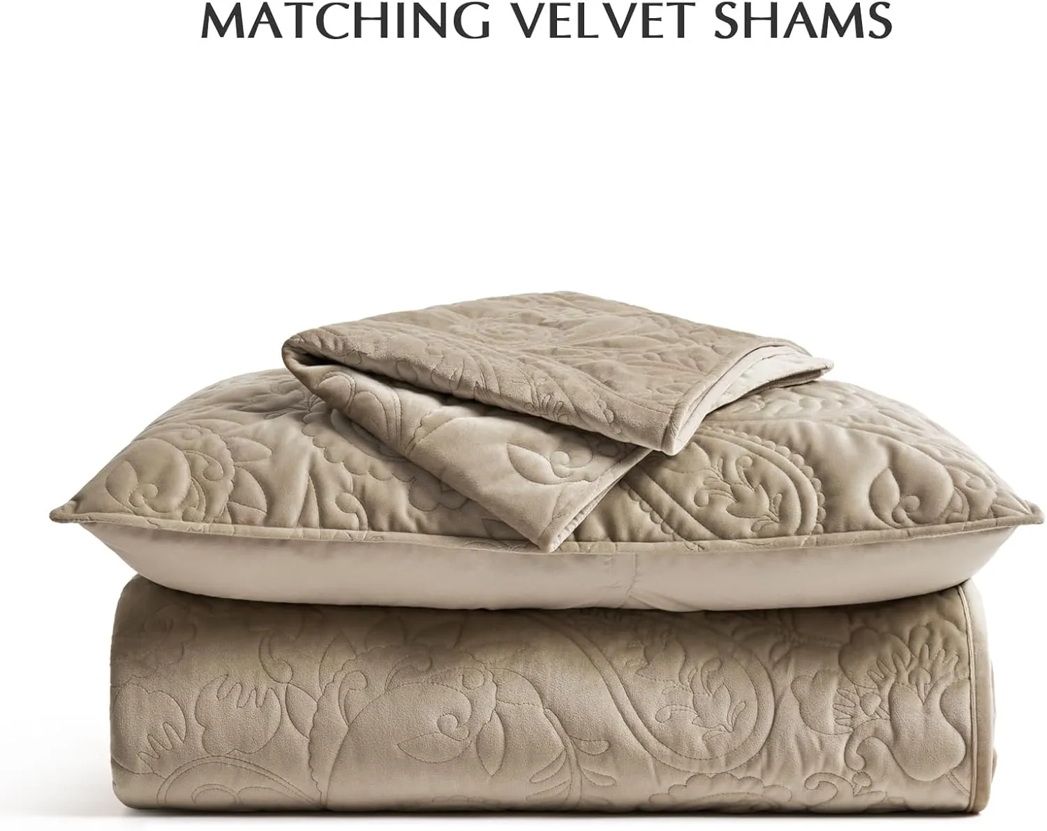 EVERGRACE Luxury Pearl Velvet Quilt Set King Size 3 Pieces, Soft Paisley-Stitch Velvet Comforter Set with Pillow Shams, Lightweight Bedspread Coverlet Bedding Set, Natural