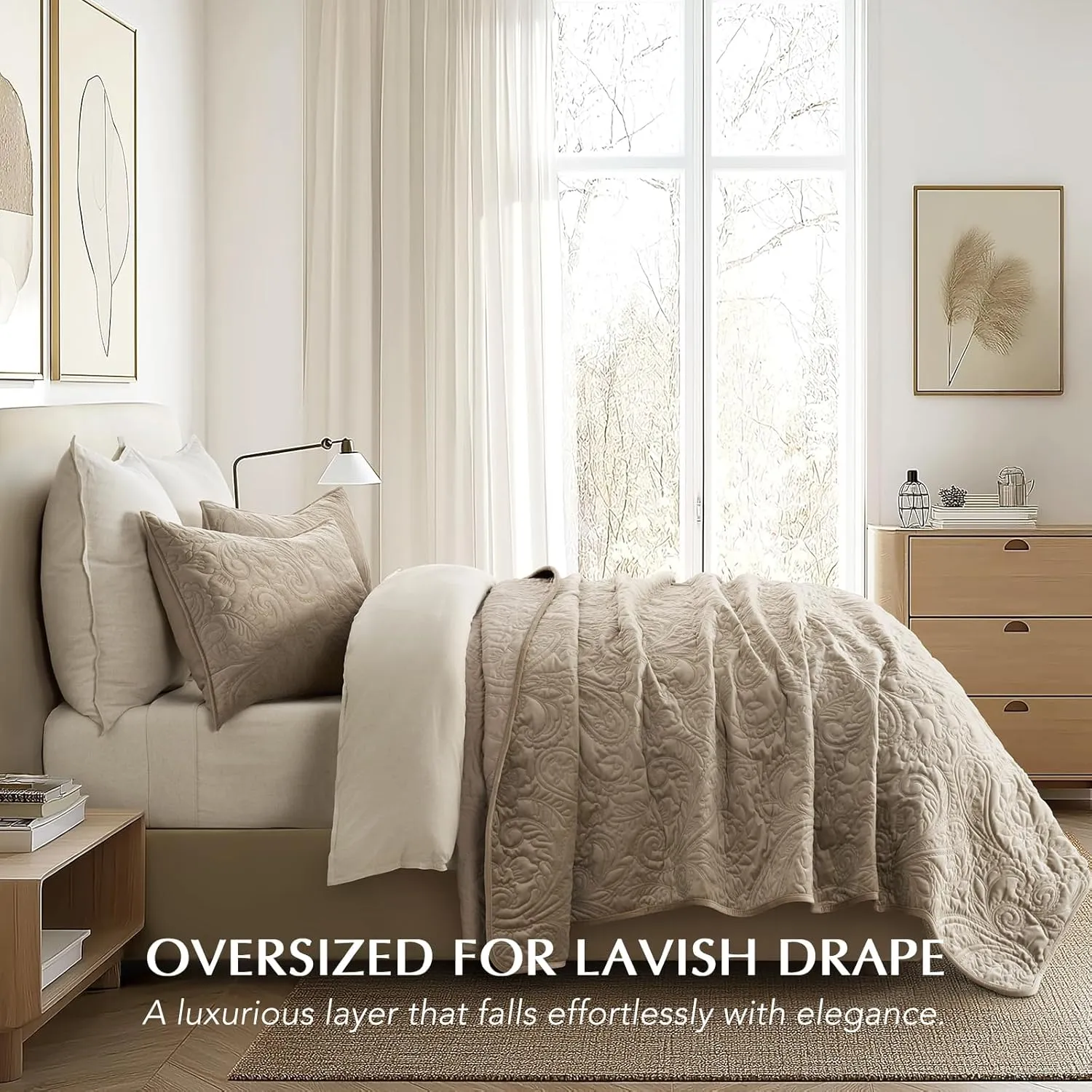 EVERGRACE Luxury Pearl Velvet Quilt Set King Size 3 Pieces, Soft Paisley-Stitch Velvet Comforter Set with Pillow Shams, Lightweight Bedspread Coverlet Bedding Set, Natural