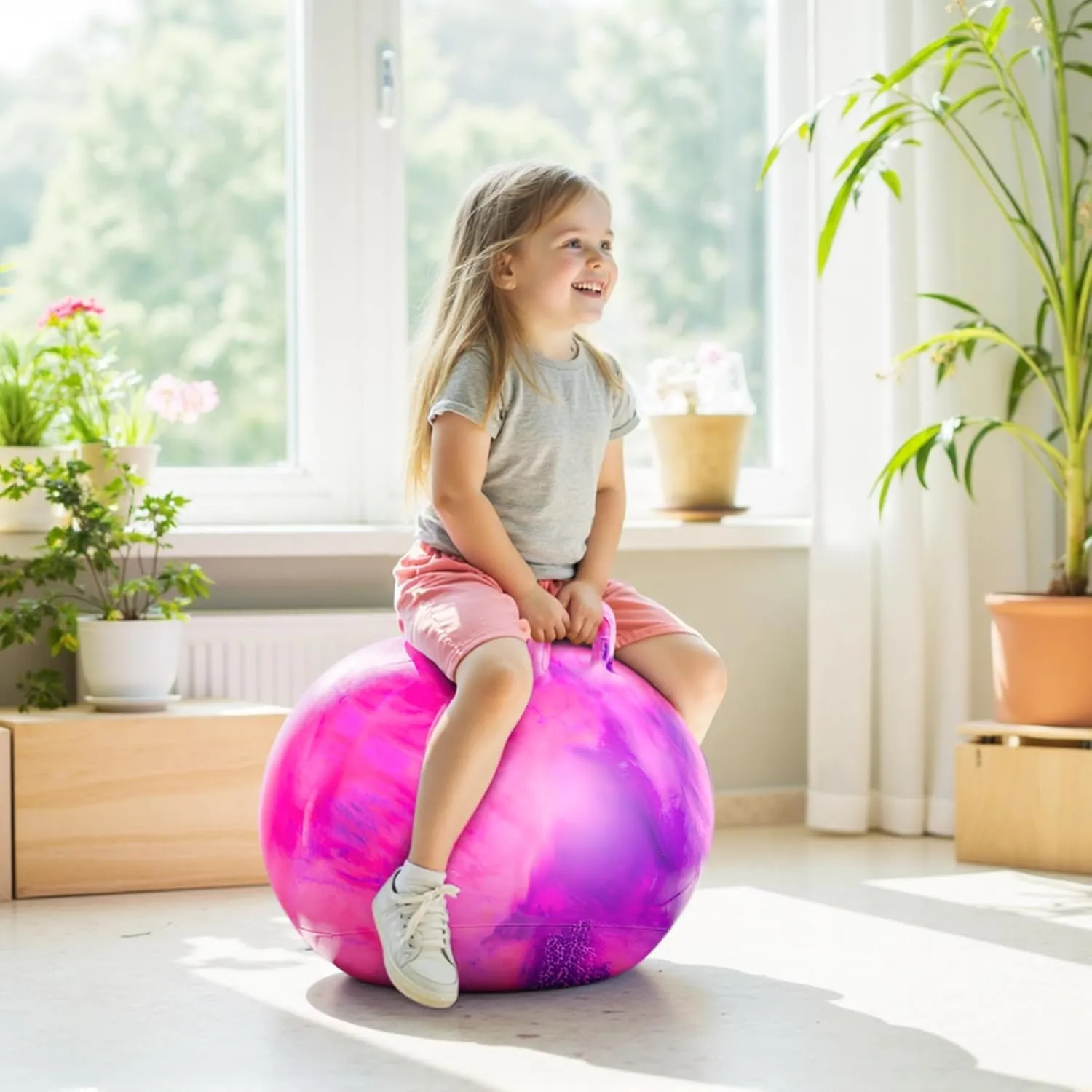 EVERICH TOY Hopper Ball, Clouds Hopping Toys for Kids, 18 Inch Bouncy Ball with Handle, Indoor Outdoor Inflatable Bouncing Hoppity Hop for Boys and Girls Gifts with Pump