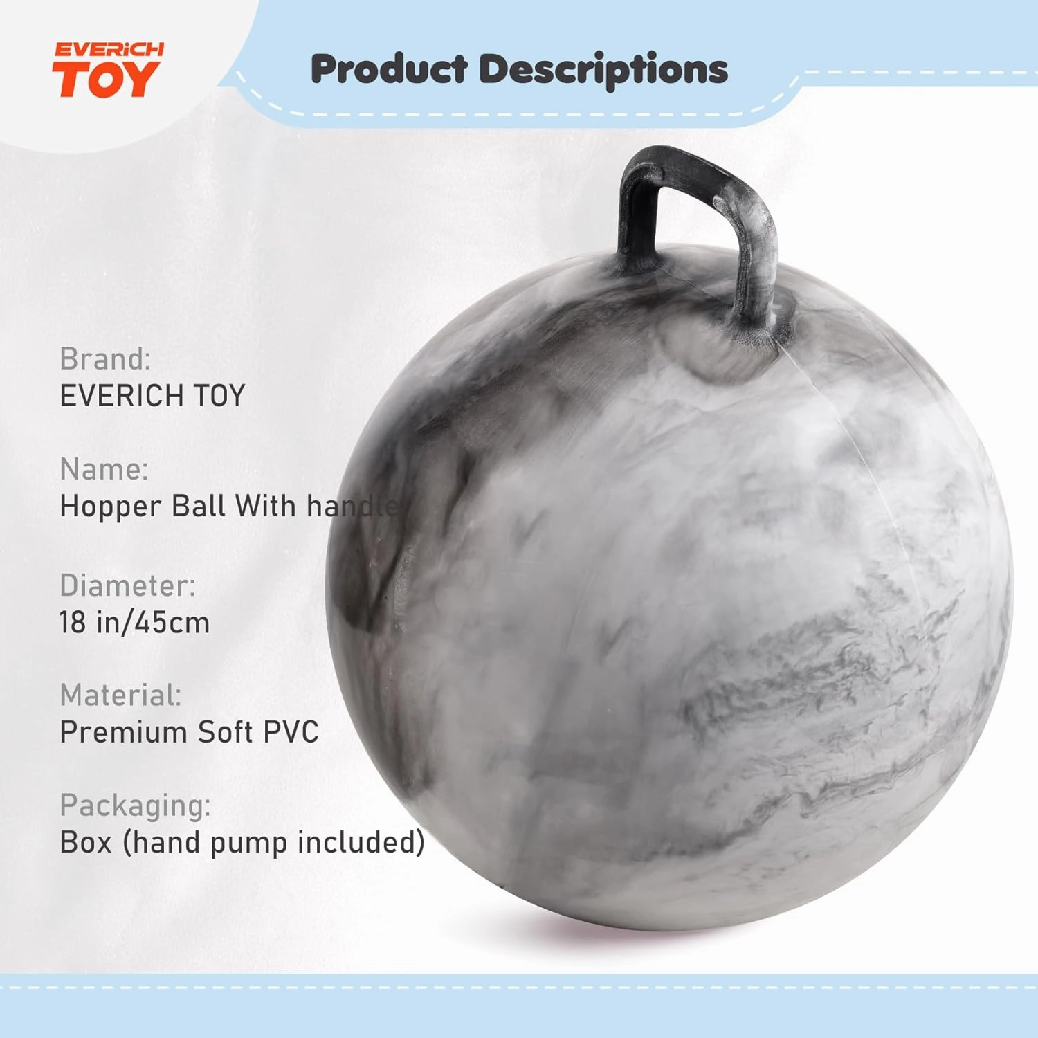 EVERICH TOY Hopper Ball, Clouds Hopping Toys for Kids, 18 Inch Bouncy Ball with Handle, Indoor Outdoor Inflatable Bouncing Hoppity Hop for Boys and Girls Gifts with Pump