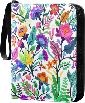 Exnundod 4 Pocket Trading Card Binder Colorful Spring Flowers, PU Leather Card Collection Binder Bright Floral Summer 400 Cards Organizer Binder Collectible Trading Card Albums for Sports Game Card