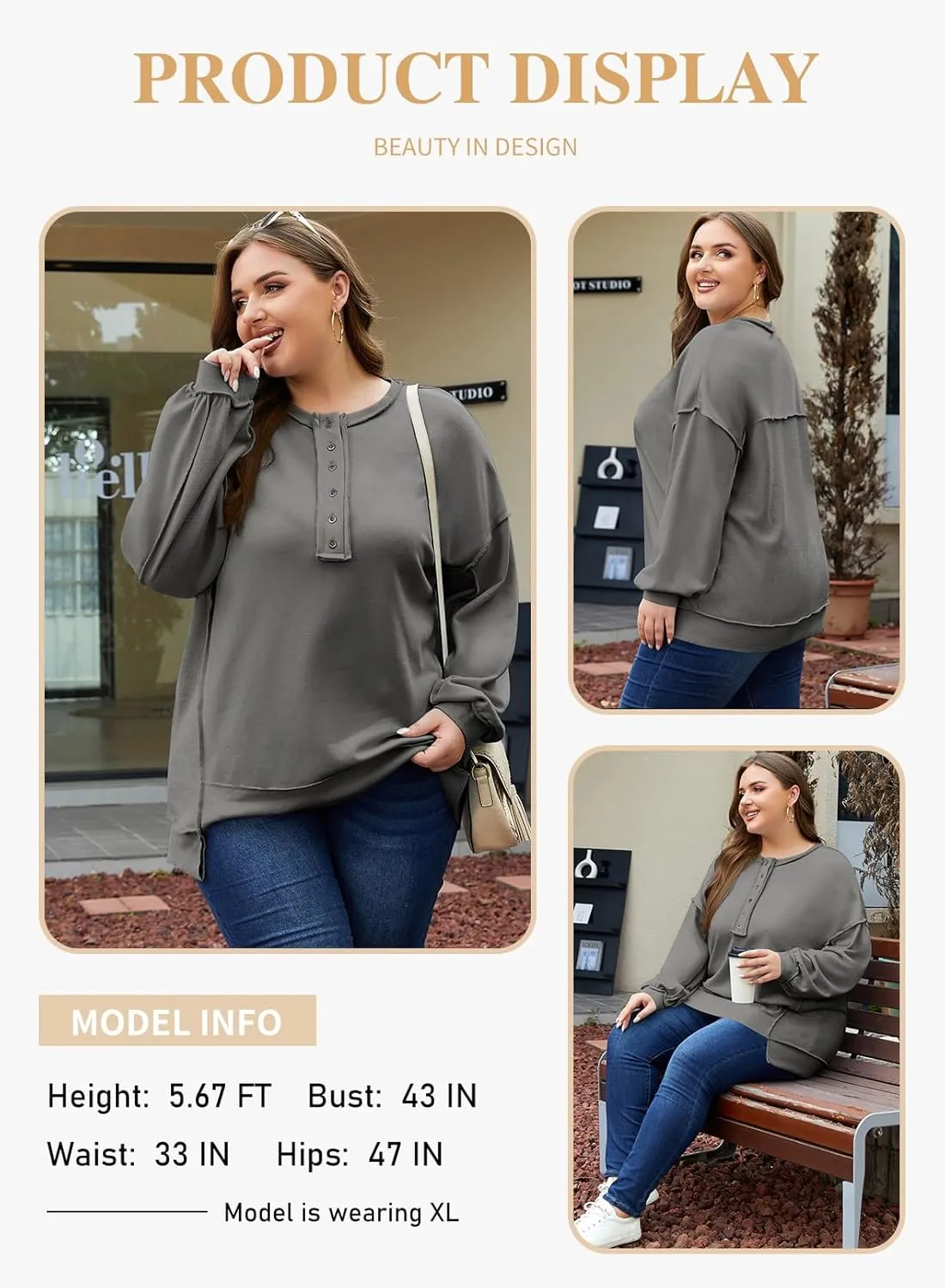 Eytino Women's Plus Size Sweatshirts Button Henley Neck Casual Long Sleeve Oversized Pullover Tops Shirts(1X-5X)