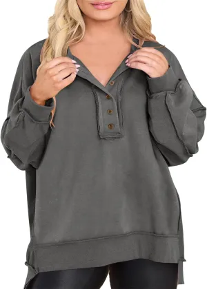 Eytino Women's Plus Size Sweatshirts Button Henley Neck Casual Long Sleeve Oversized Pullover Tops Shirts(1X-5X)