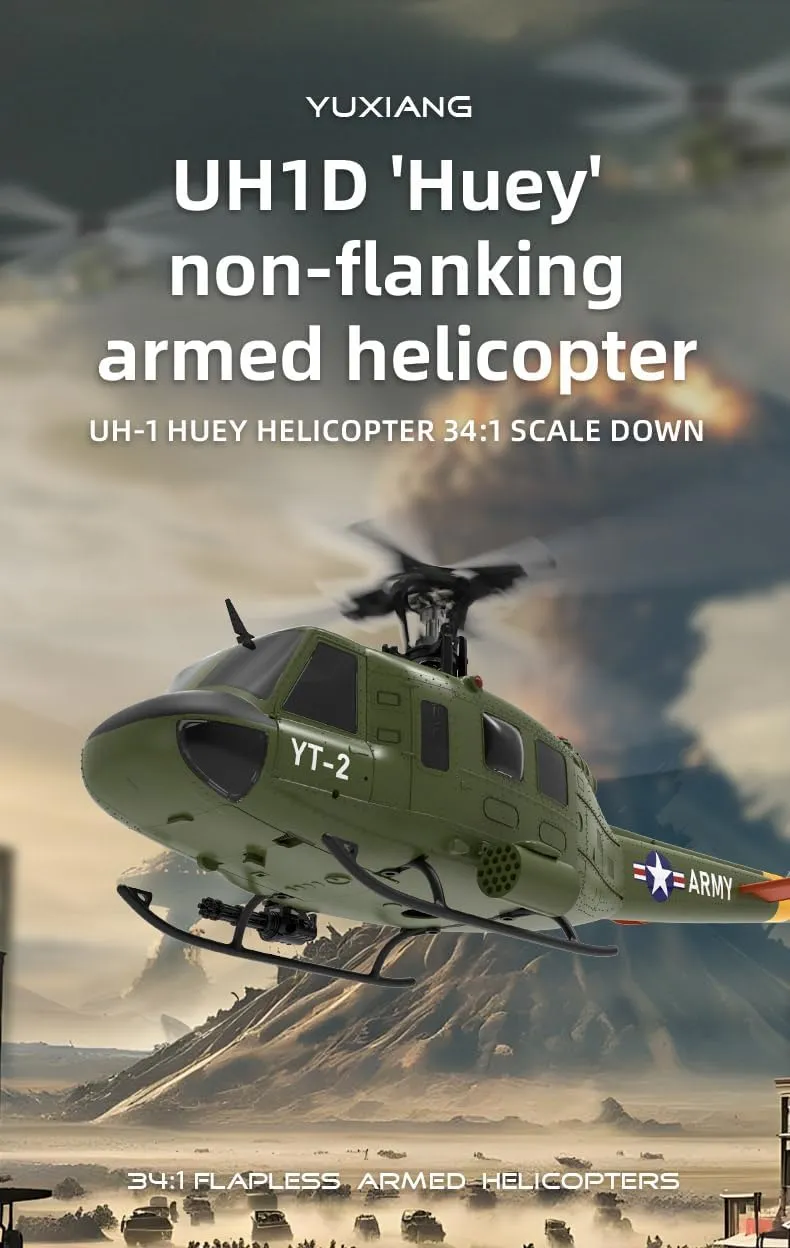 F07 UH-1 Huey RC 1/34 Helicopter, 2.4G 6CH Brushless Direct-Drive 3D/6G Flybarless Helicopter Model (Tri-Battery Version) - Suitable for Advanced Players