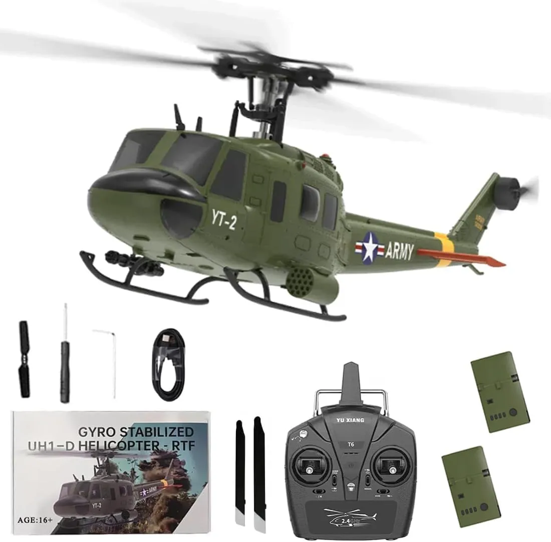 F07 UH-1 RC Helicopter for Adult Gift, 1/34 Scale 6CH Brushless Direct-Drive Flybarless Helicopter Model with 6-Axis Gyro, 3D/6G RC Aircraft Model Toys, 2 Batteries
