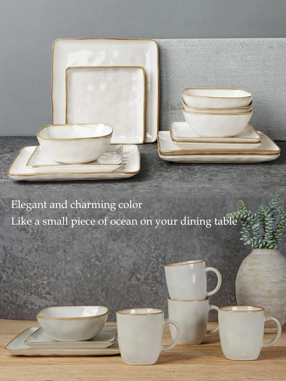 Famiware Dinnerware Sets for 4, Ocean Square 12-Piece Kitchen Plates and Bowls Sets, Reactive Glaze, Microwave and Dishwasher Safe, Scratch Resistant, Cappuccino White