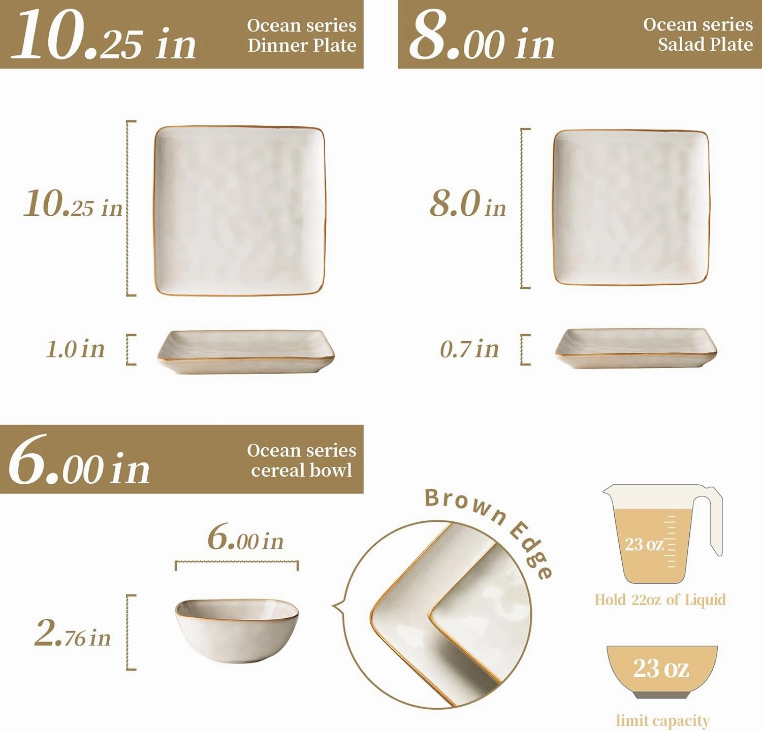 Famiware Dinnerware Sets for 4, Ocean Square 12-Piece Kitchen Plates and Bowls Sets, Reactive Glaze, Microwave and Dishwasher Safe, Scratch Resistant, Cappuccino White