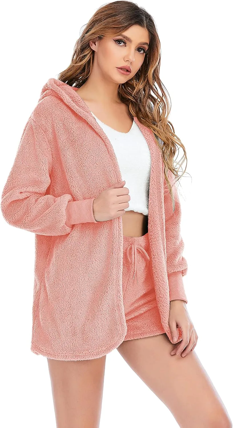 Famnbro Women's Sexy Fuzzy 3 Piece Outfits Fleece Warm Hooded Cardigan Crop Top Shorts Set Pajamas Loungewear