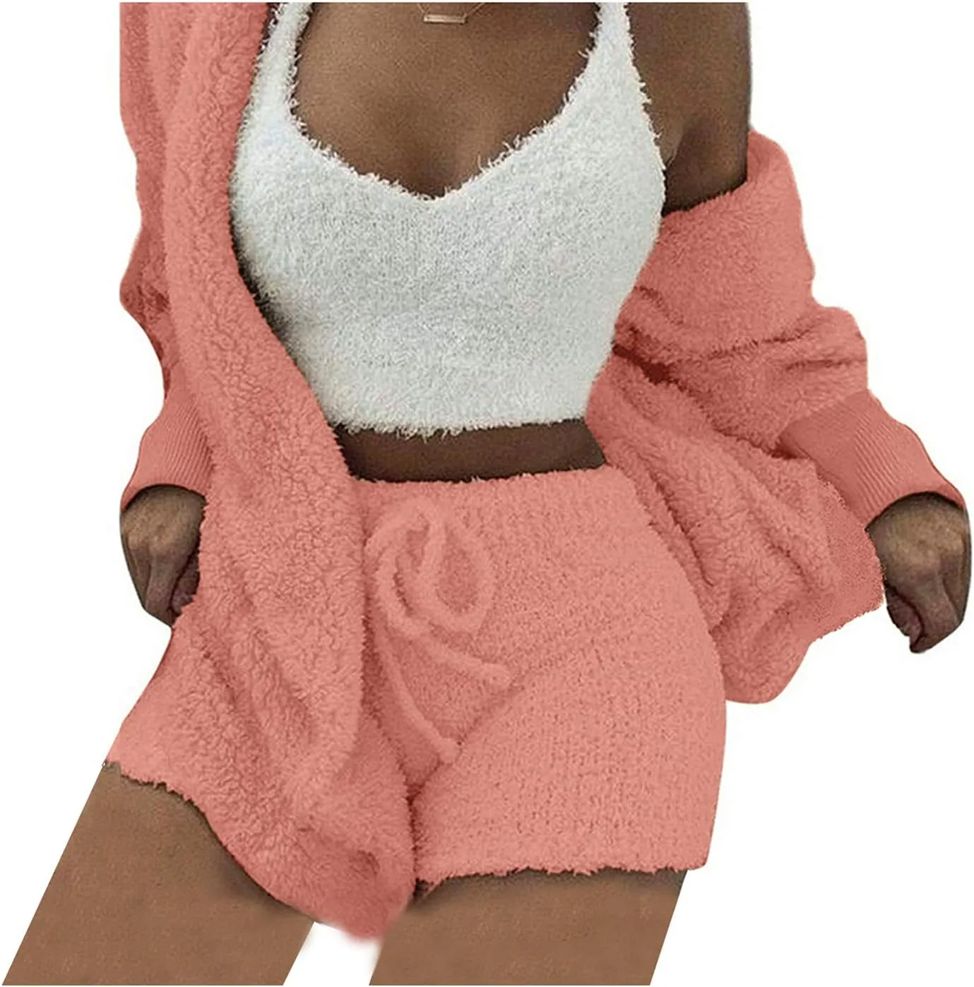 Famnbro Women's Sexy Fuzzy 3 Piece Outfits Fleece Warm Hooded Cardigan Crop Top Shorts Set Pajamas Loungewear