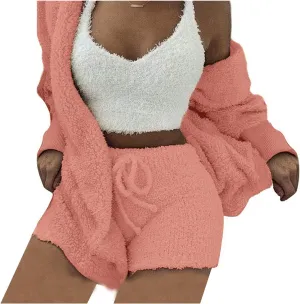 Famnbro Women's Sexy Fuzzy 3 Piece Outfits Fleece Warm Hooded Cardigan Crop Top Shorts Set Pajamas Loungewear