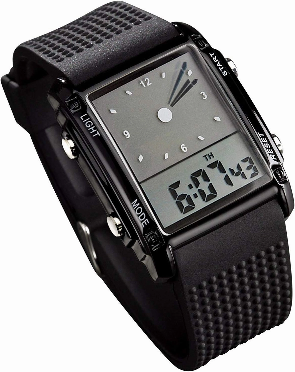 FANMIS Men's Rectangle Dial Sports Wrist Watches with 7 Colors Optional LED Backlight Multifunctional Alarm Stopwatch 12/24H Rubber Strap Watch
