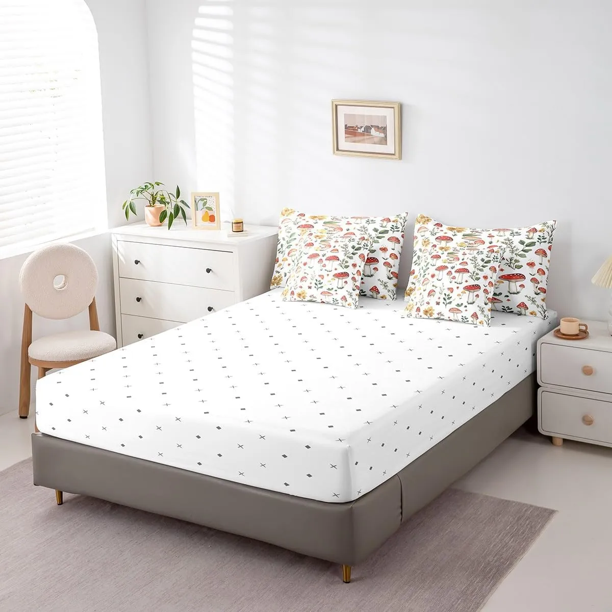 Feelyou Cute Mushroom Decor Bed Set for Kids Girls Woman Twin Size Wild Mushroom Stuff 7 Pieces Beeding Set Ultra Soft Kawaii Fungus Bed in a Bag with Comforter, Sheets, Pillowcases Cartoon Mushrooms