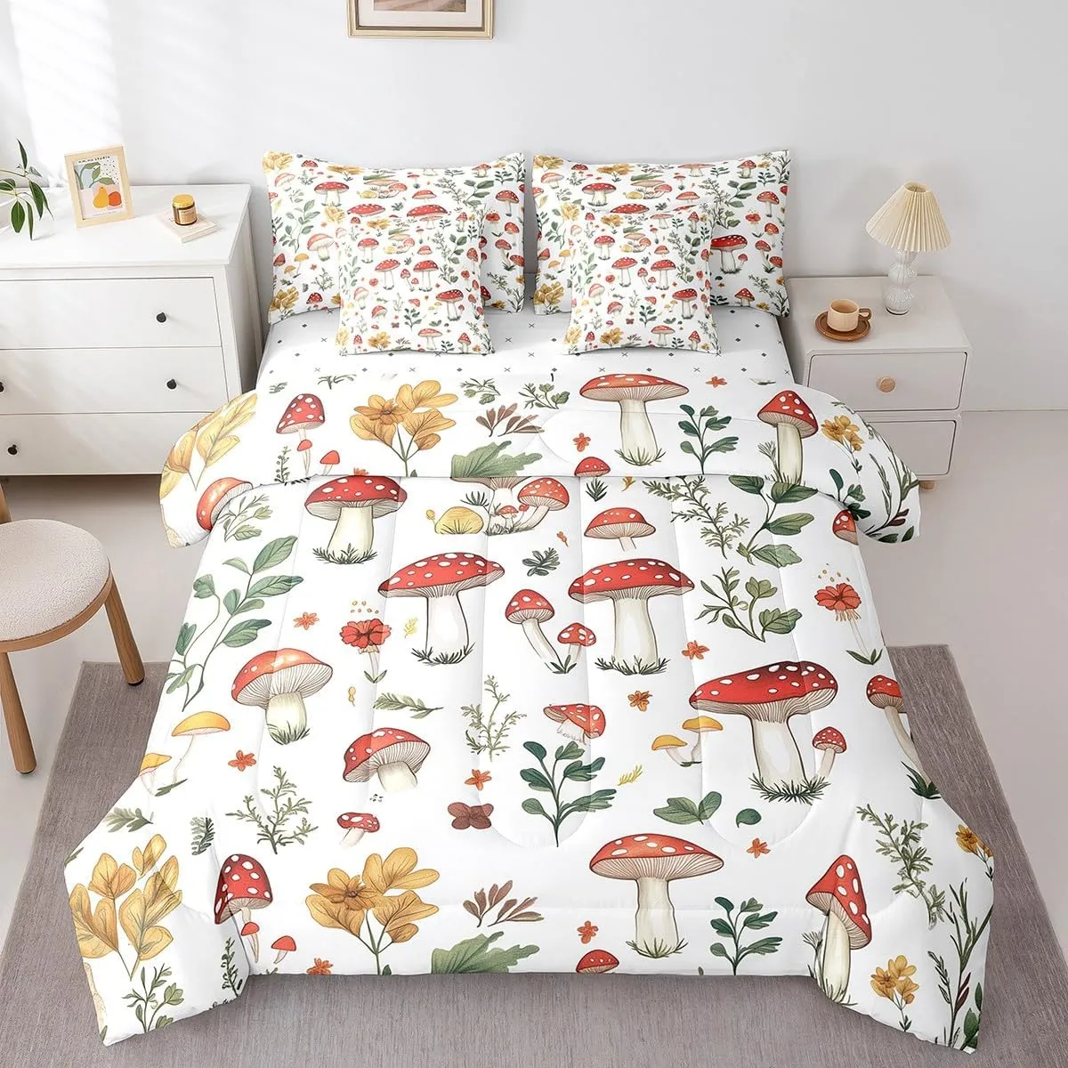 Feelyou Cute Mushroom Decor Bed Set for Kids Girls Woman Twin Size Wild Mushroom Stuff 7 Pieces Beeding Set Ultra Soft Kawaii Fungus Bed in a Bag with Comforter, Sheets, Pillowcases Cartoon Mushrooms