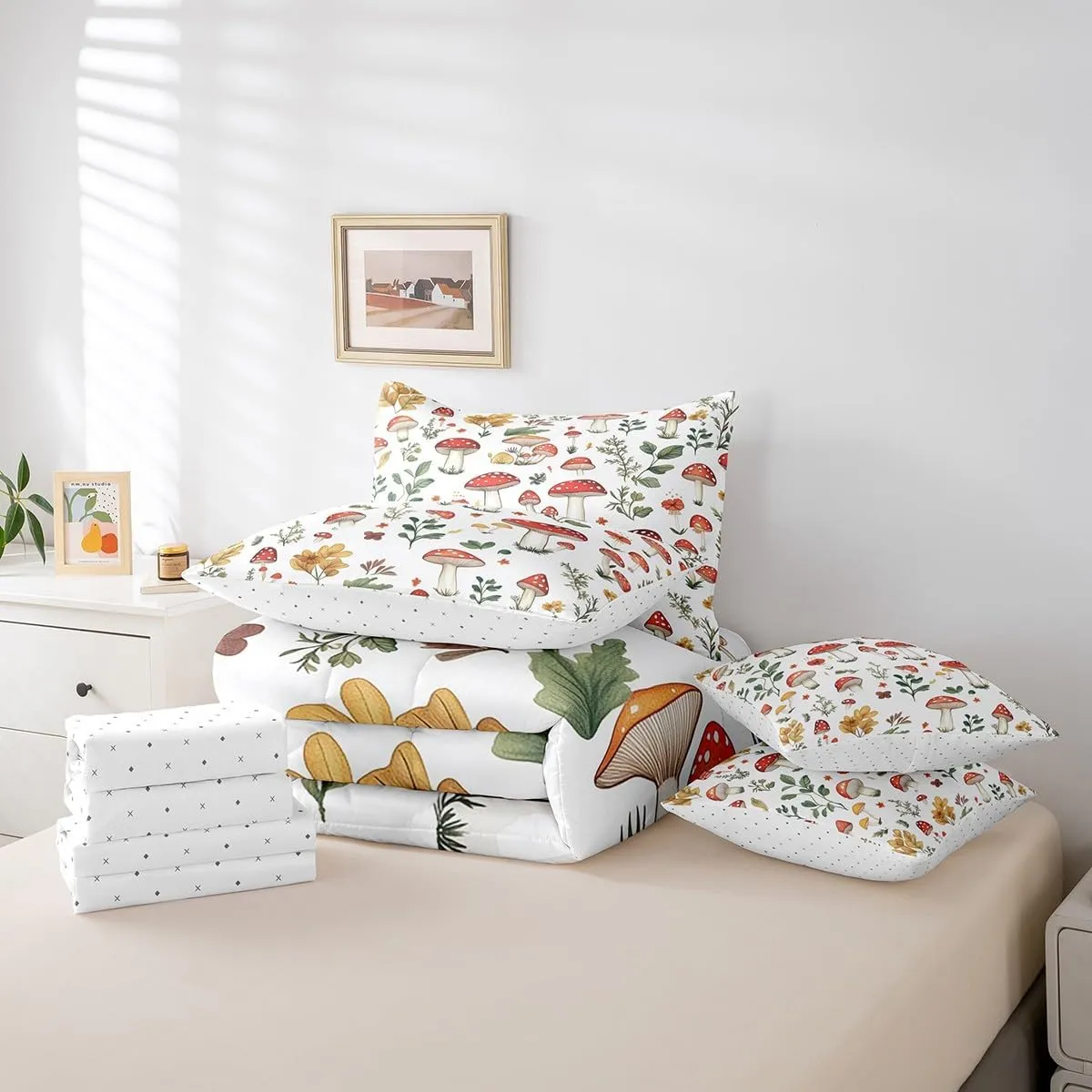 Feelyou Cute Mushroom Decor Bed Set for Kids Girls Woman Twin Size Wild Mushroom Stuff 7 Pieces Beeding Set Ultra Soft Kawaii Fungus Bed in a Bag with Comforter, Sheets, Pillowcases Cartoon Mushrooms