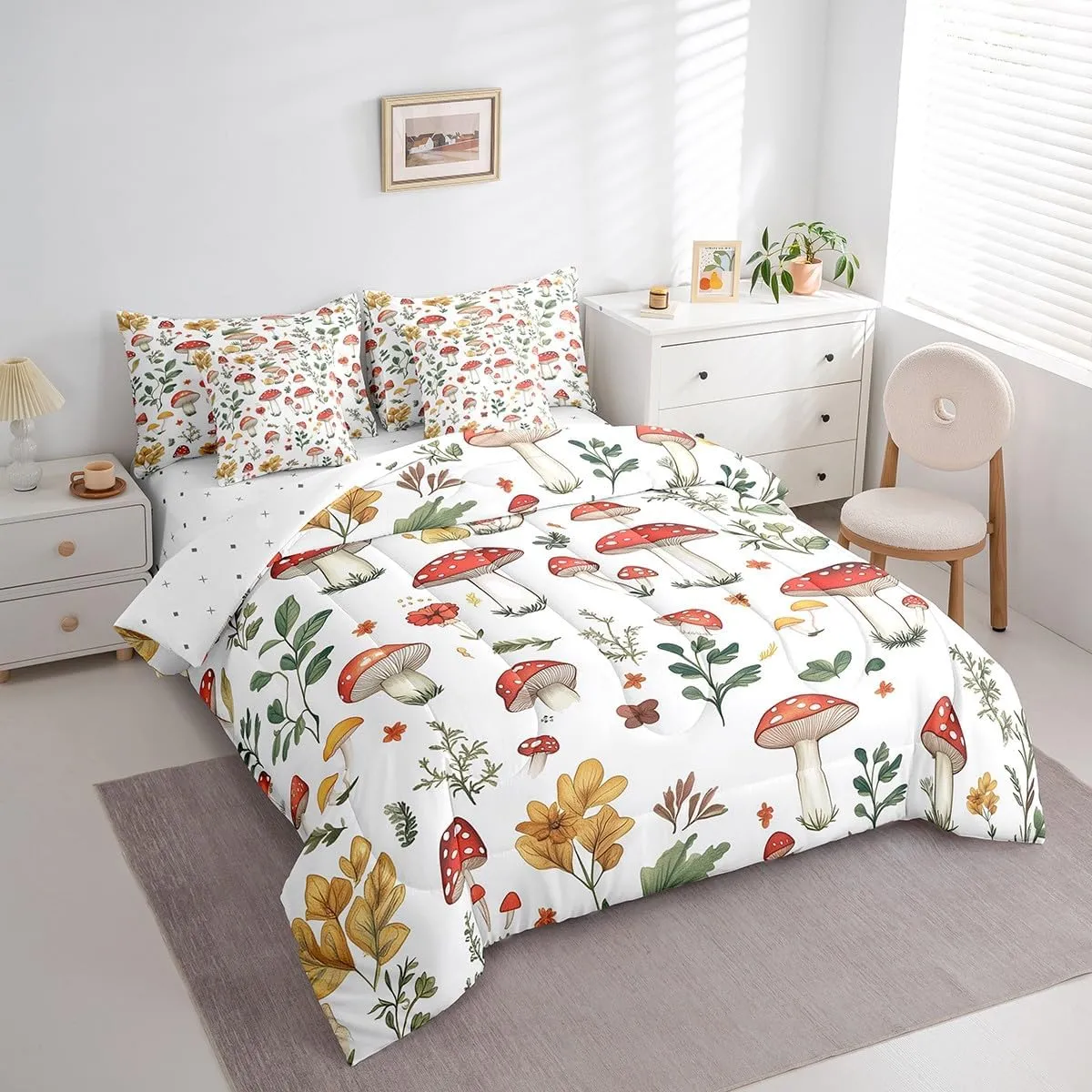 Feelyou Cute Mushroom Decor Bed Set for Kids Girls Woman Twin Size Wild Mushroom Stuff 7 Pieces Beeding Set Ultra Soft Kawaii Fungus Bed in a Bag with Comforter, Sheets, Pillowcases Cartoon Mushrooms