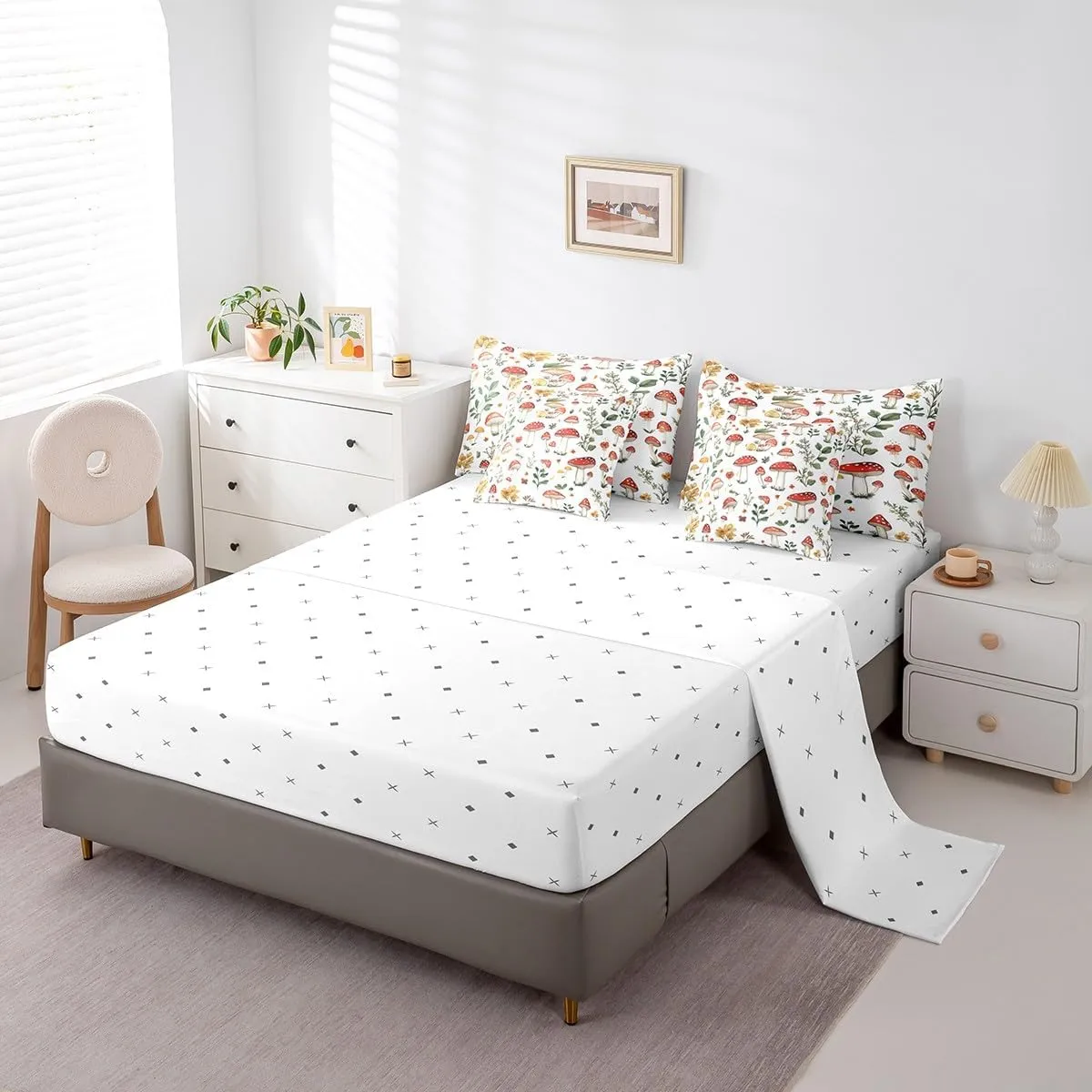 Feelyou Cute Mushroom Decor Bed Set for Kids Girls Woman Twin Size Wild Mushroom Stuff 7 Pieces Beeding Set Ultra Soft Kawaii Fungus Bed in a Bag with Comforter, Sheets, Pillowcases Cartoon Mushrooms