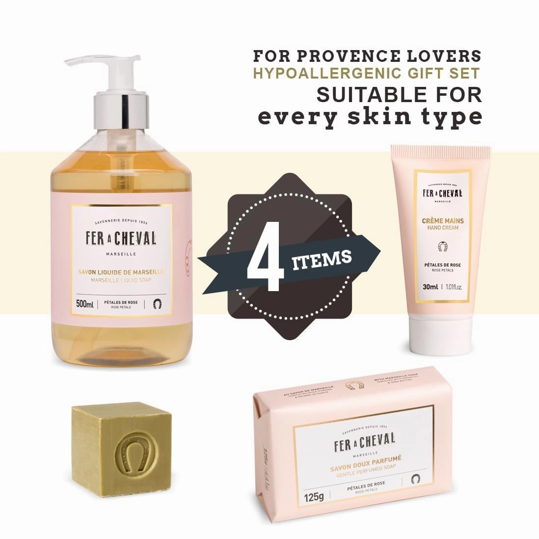 Fer à Cheval Luxurious Tender Rose Gift Set | Pure Olive Oil Soap 100g/3.53oz, French Hand Cream 30ml/1.01Fl Oz, Moisturizing Bar Soap 125g/4.41oz, Liquid Marseille Soap 500ml/16.9 Fl Oz