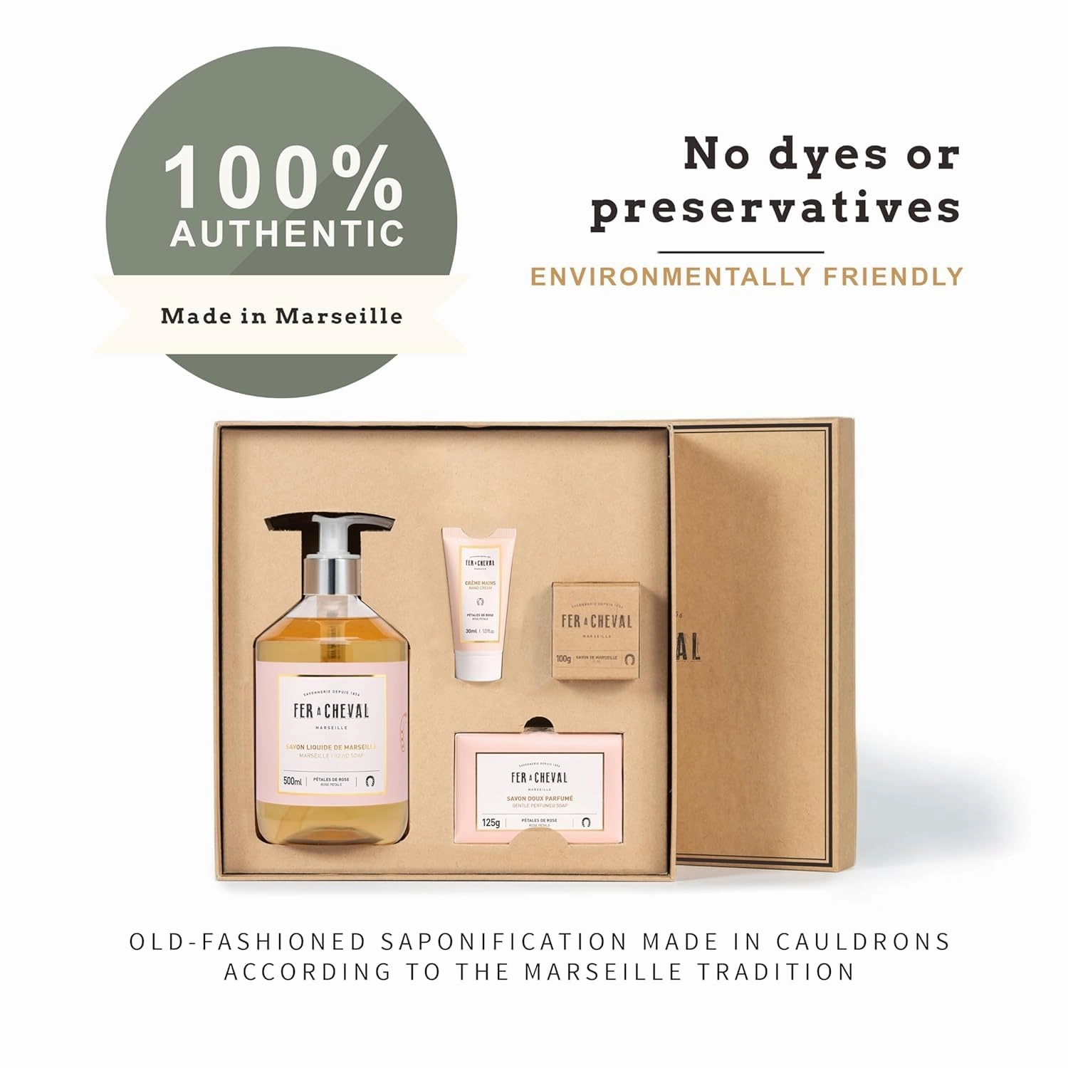 Fer à Cheval Luxurious Tender Rose Gift Set | Pure Olive Oil Soap 100g/3.53oz, French Hand Cream 30ml/1.01Fl Oz, Moisturizing Bar Soap 125g/4.41oz, Liquid Marseille Soap 500ml/16.9 Fl Oz
