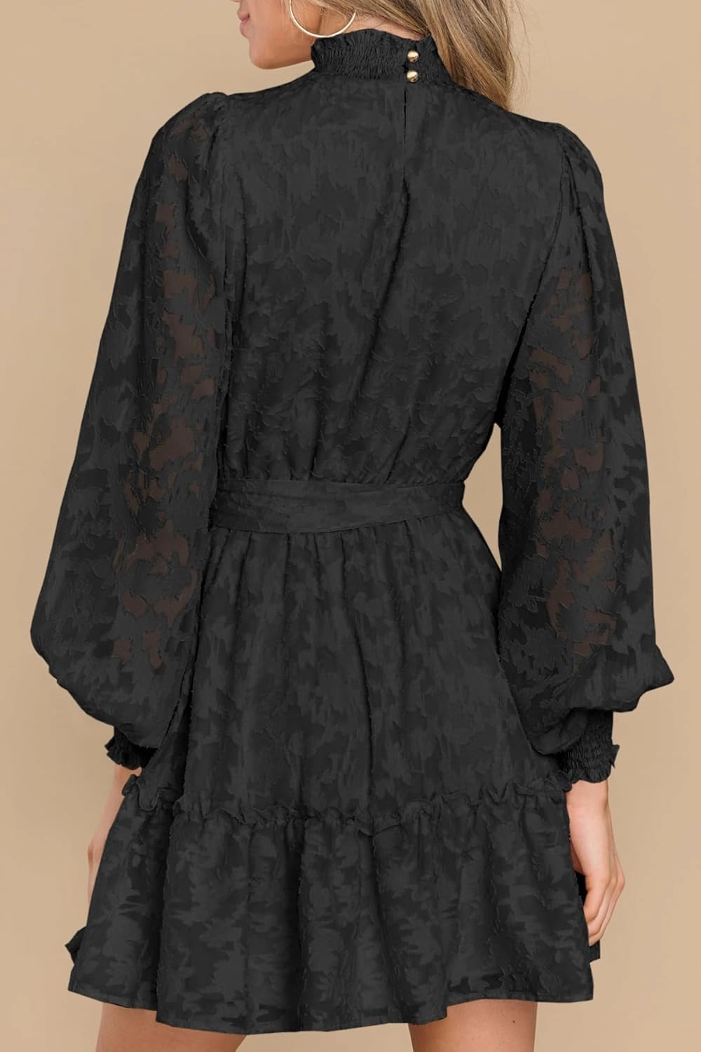 Ferlema Womens 2024 Long Puff Sleeve Smocked High Neck Tie Waist Floral Lace A Line Flowy Party Mini Dress