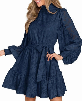 Ferlema Womens 2024 Long Puff Sleeve Smocked High Neck Tie Waist Floral Lace A Line Flowy Party Mini Dress