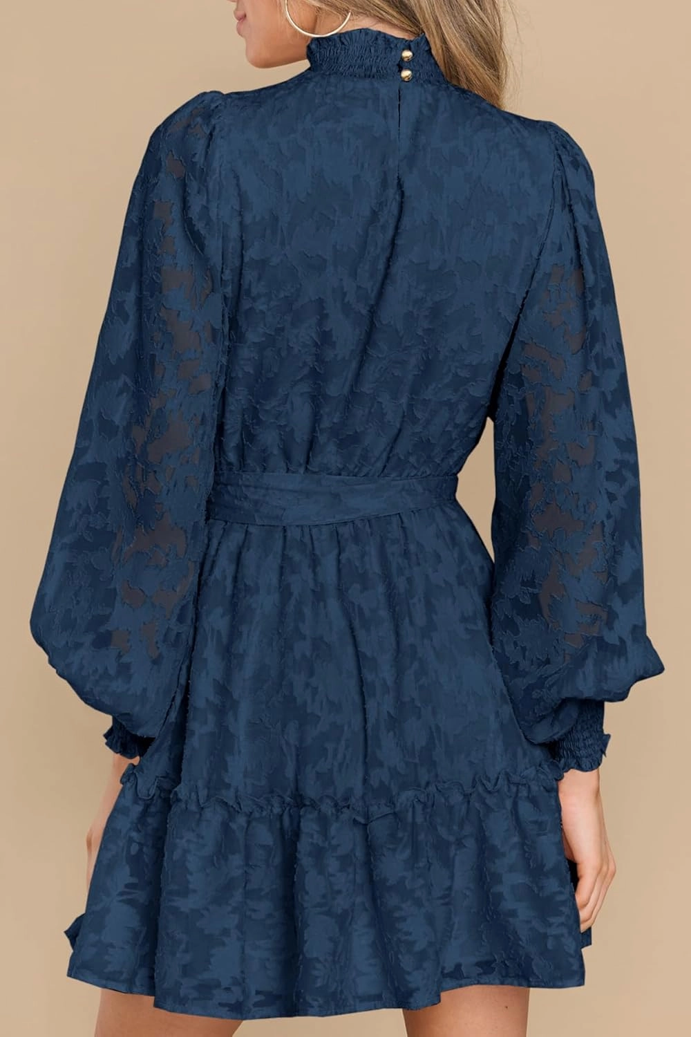 Ferlema Womens 2024 Long Puff Sleeve Smocked High Neck Tie Waist Floral Lace A Line Flowy Party Mini Dress