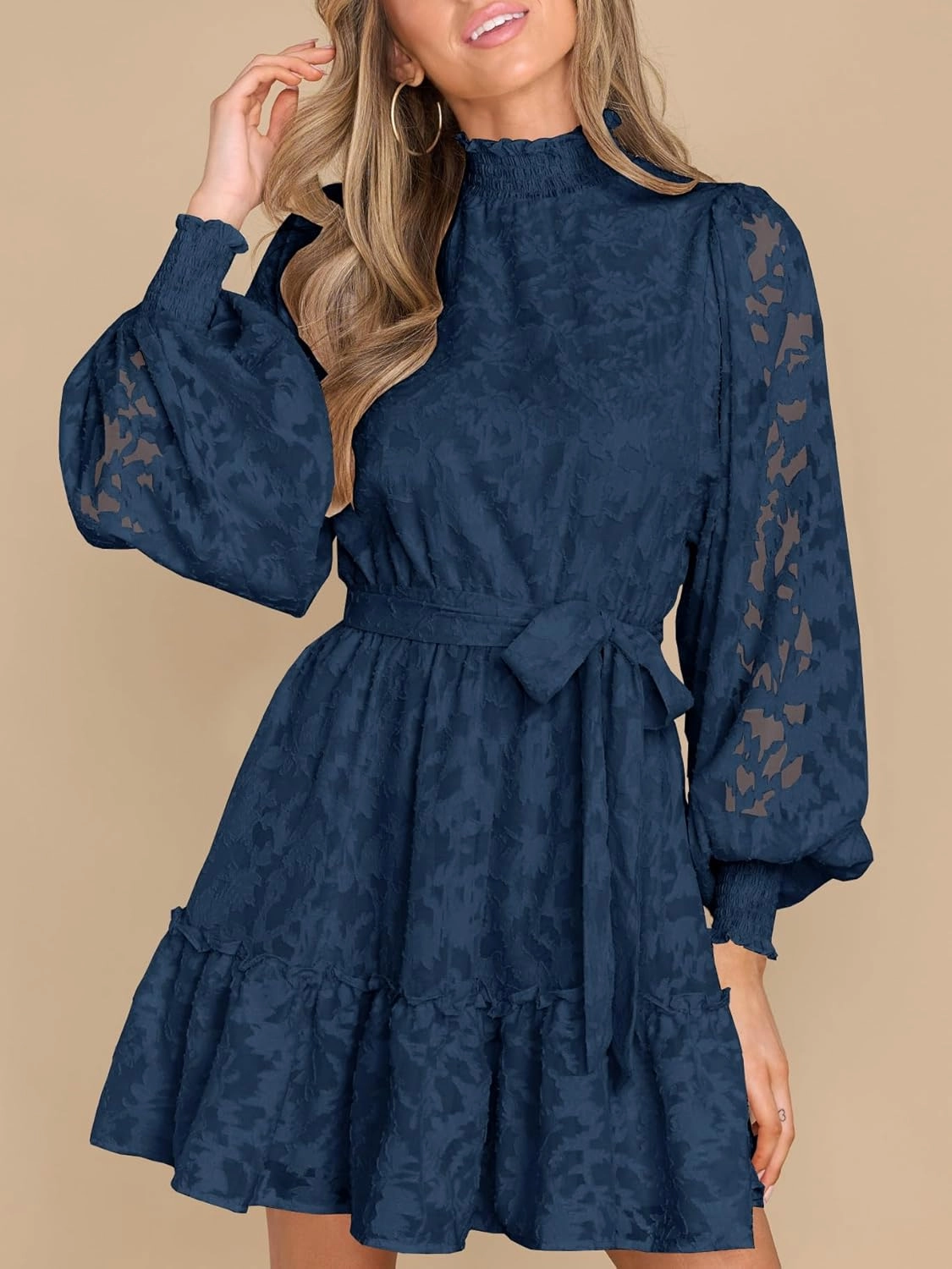 Ferlema Womens 2024 Long Puff Sleeve Smocked High Neck Tie Waist Floral Lace A Line Flowy Party Mini Dress
