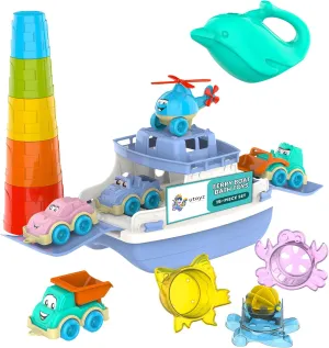Ferry Boat Bath Toys Set for Kids 15 Pcs | Includes Ferry, Cars, Trucks, Helicopter, Stacking Cups & Toy Animals for Baby Boys & Girls | Water Bathtub Indoor Games for Toddlers | Kids Ages 1 