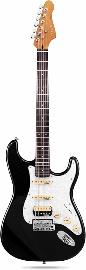 Fesley 39" Electric Guitar: Solid Body Electric Guitars for Intermediate &Pro Players with Wilkinson Pickups,Grover Tuners,6 String Guitar with Roasted Maple Neck,Single Coil Split System,Black