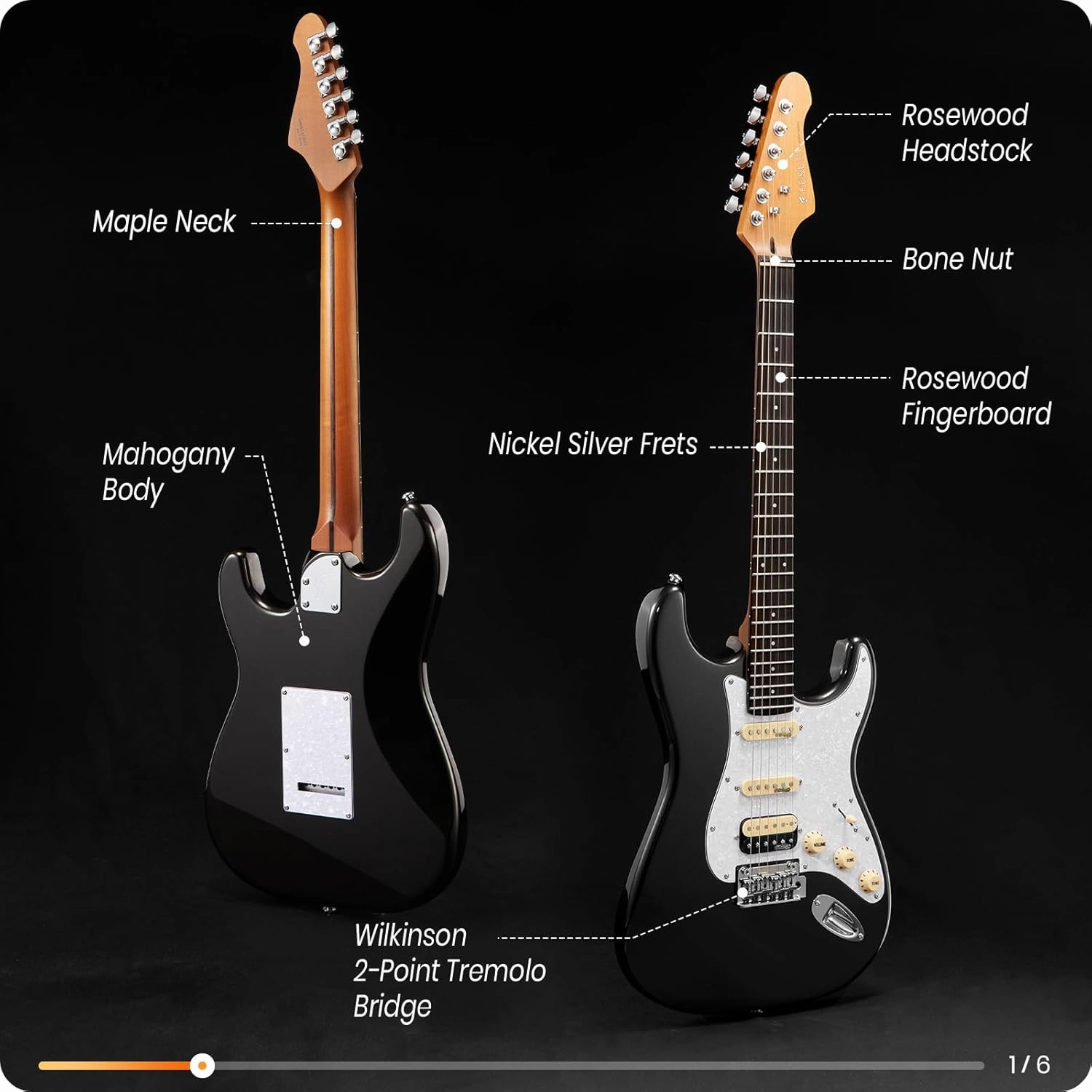 Fesley 39" Electric Guitar: Solid Body Electric Guitars for Intermediate &Pro Players with Wilkinson Pickups,Grover Tuners,6 String Guitar with Roasted Maple Neck,Single Coil Split System,Black