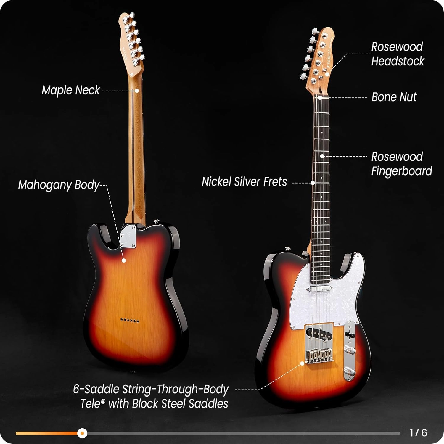 Fesley 39" TL Style Electric Guitar:Solid Body Electric Guitars for Intermediate &Pro Players with Wilkinson Pickups,Grover Tuners,6 String Guitar with Roasted Maple Neck,Rosewood Fingerboard,Sunburst
