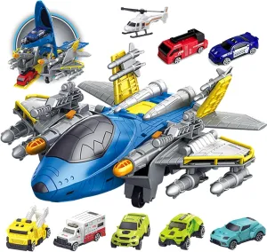Fighter Toys with Mini Helicopter, Fire Truck, Construction Police Rescue Cars, Airplane, Educational Learning Toys for Kids Ages 3-12 (ASTM Certified), Blue