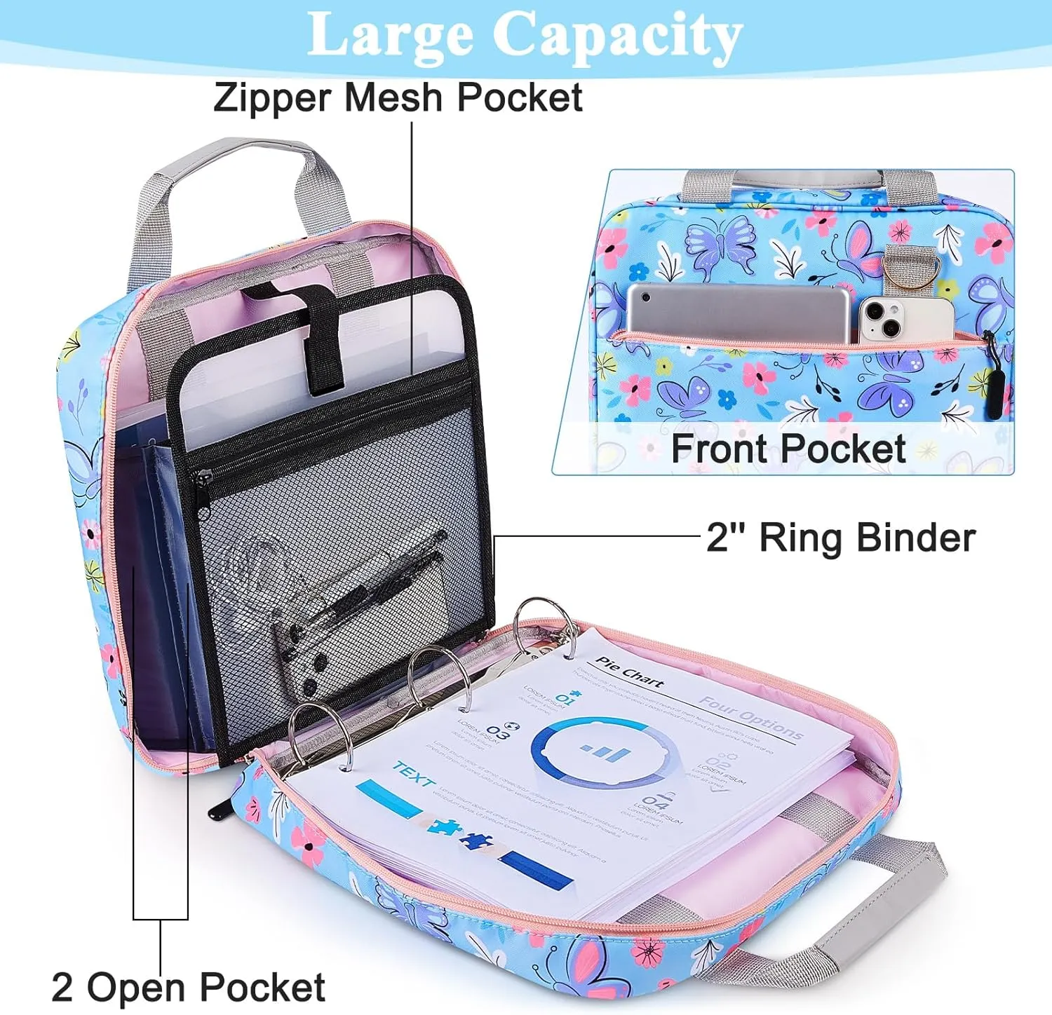 FIODAY Zipper Binder, 2 inch 3 Ring Binder with Zipper Cute Binder with Handle and Shoulder Strap Multiple Pocket 500 Sheet Capacity Binder Organizer for School, Blue