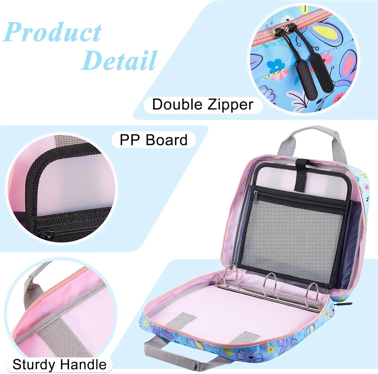 FIODAY Zipper Binder, 2 inch 3 Ring Binder with Zipper Cute Binder with Handle and Shoulder Strap Multiple Pocket 500 Sheet Capacity Binder Organizer for School, Blue