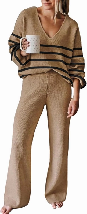 Fixmatti Women 2 Piece Knit Set Long Sleeve Pullover Sweater Top Wide Leg Pant Sweatsuit Outfits
