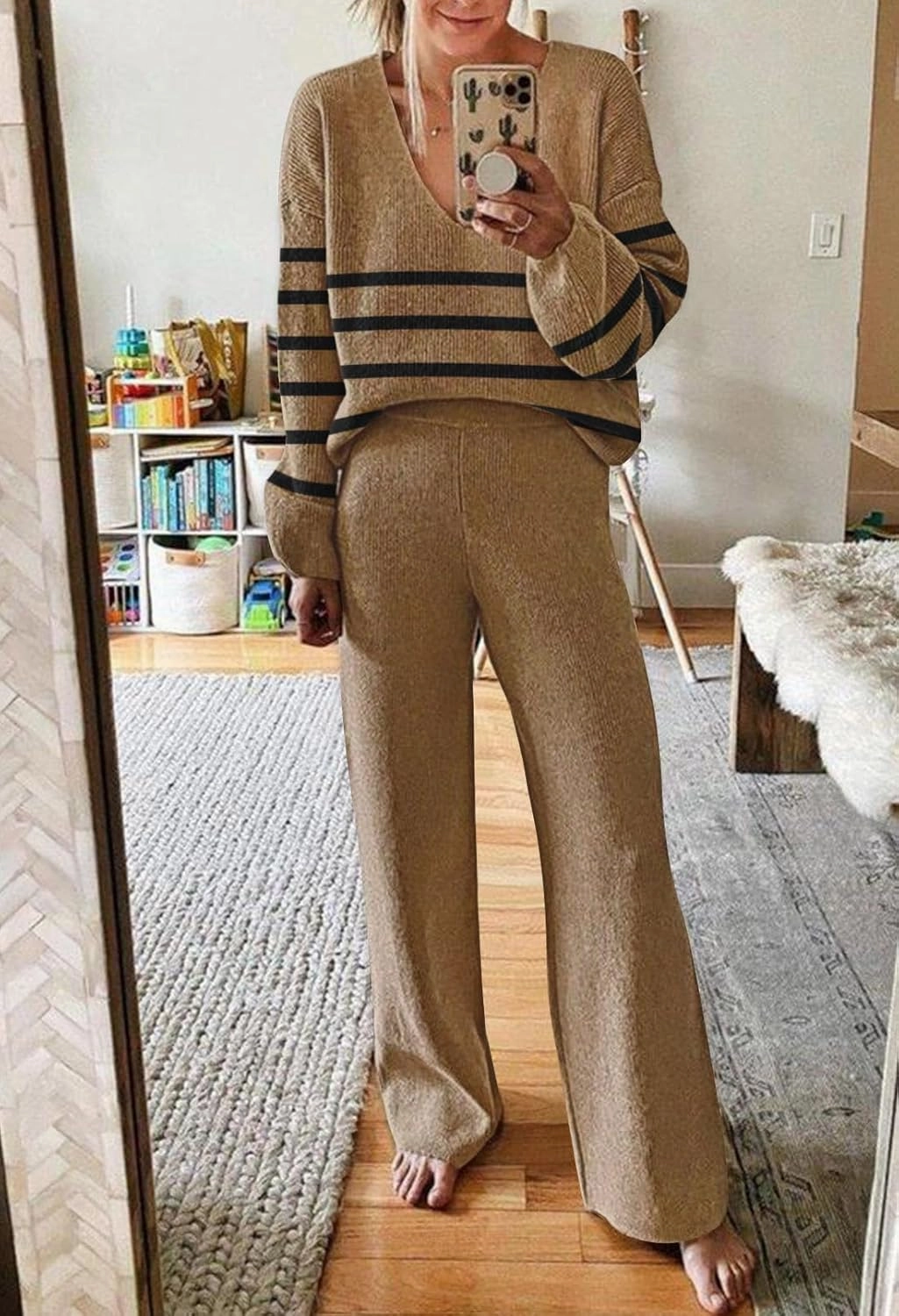 Fixmatti Women 2 Piece Knit Set Long Sleeve Pullover Sweater Top Wide Leg Pant Sweatsuit Outfits