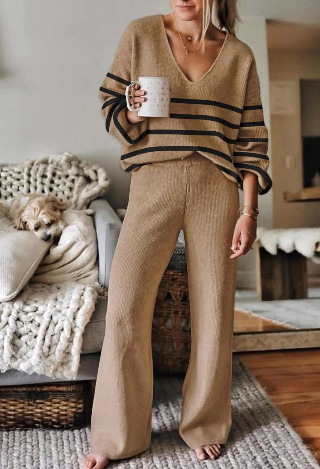 Fixmatti Women 2 Piece Knit Set Long Sleeve Pullover Sweater Top Wide Leg Pant Sweatsuit Outfits