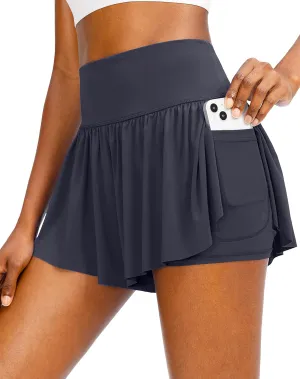 Flowy Running Shorts for Women with 4 Pockets 2 in 1 High Waisted Women's Butterfly Workout Athletic Tennis Skirt Shorts
