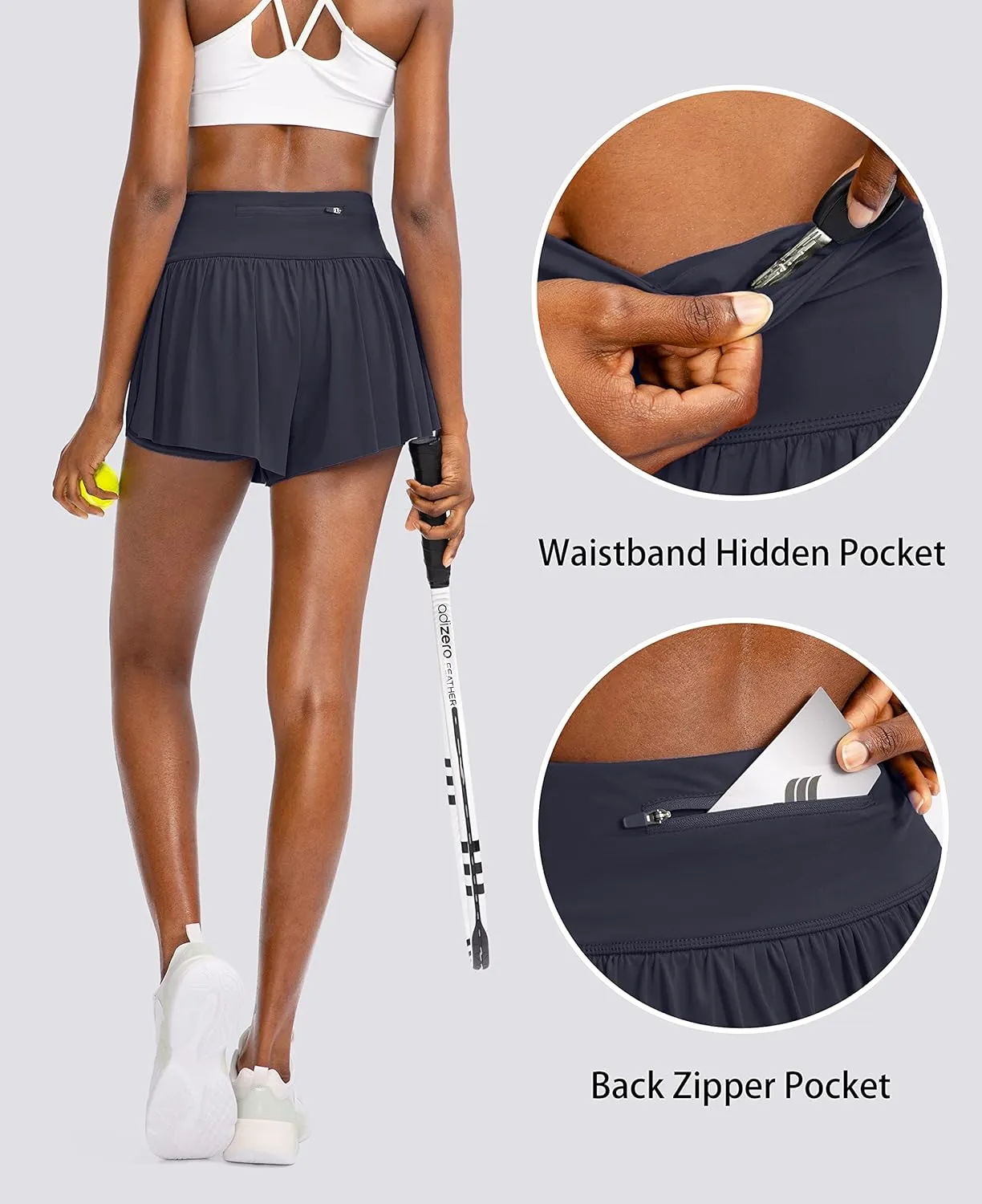 Flowy Running Shorts for Women with 4 Pockets 2 in 1 High Waisted Women's Butterfly Workout Athletic Tennis Skirt Shorts