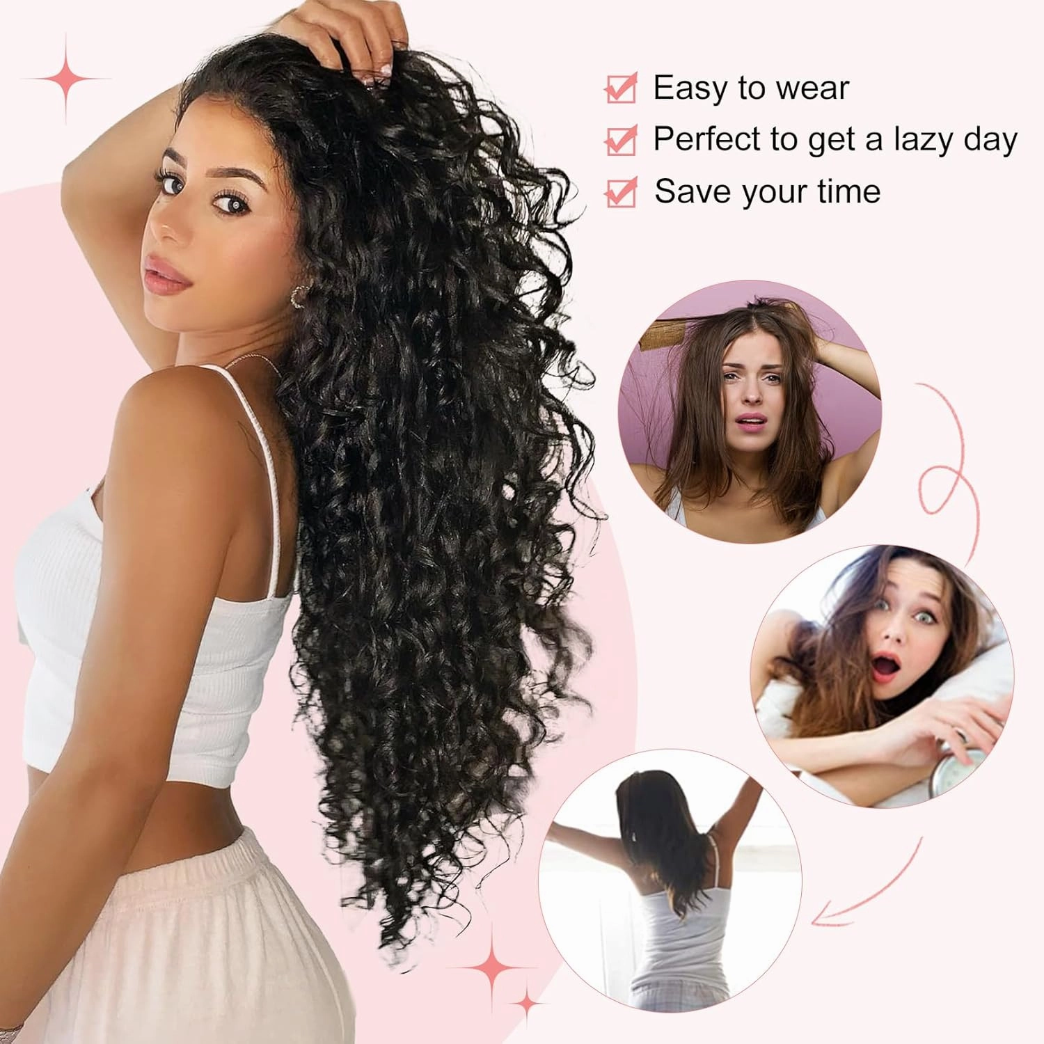 FLUFYMOOZ 9PCS Clip in Hair Extensions 22 Inch Curly Hair Extension Long Soft Synthetic Hairpieces for Women (Black Brown)