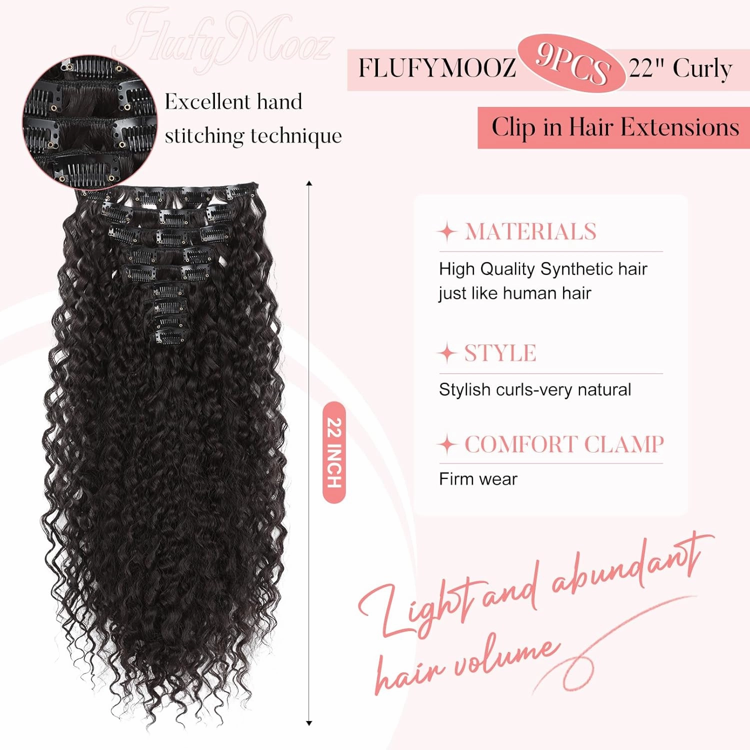 FLUFYMOOZ 9PCS Clip in Hair Extensions 22 Inch Curly Hair Extension Long Soft Synthetic Hairpieces for Women (Black Brown)