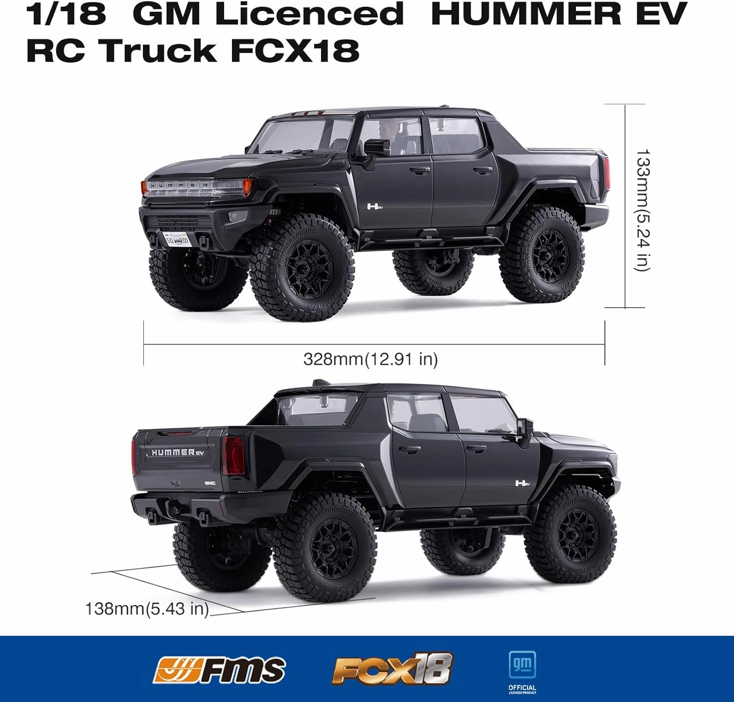 FMS 1/18 RC Crawler RTR FCX18 HMMWV EV Licensed RC Model 4WD RC Rock Truck 2.4Ghz 4CH 900mAh Hobby Grade RC Car Model Remote Control Car Mini Off Road Vehicle with Battery (Black)