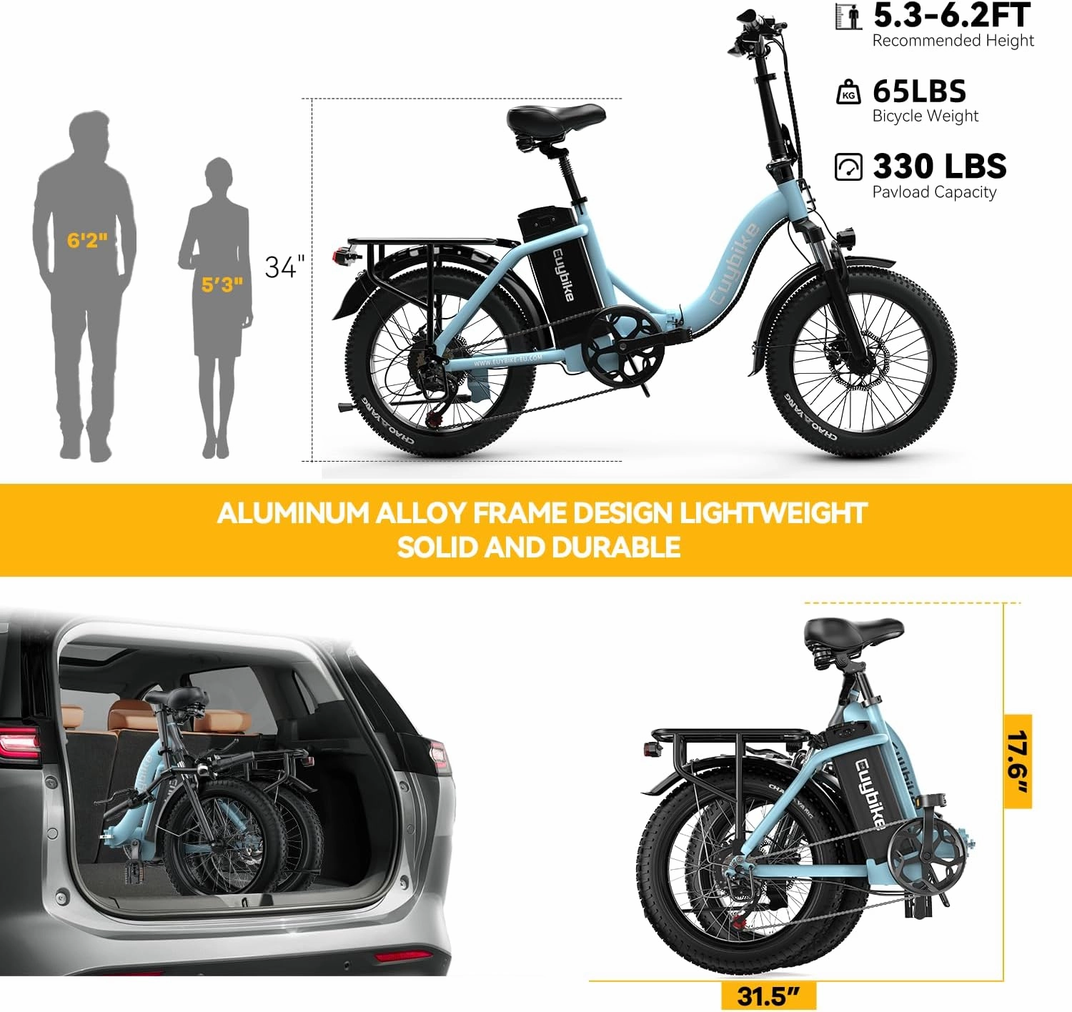 Folding Electric Bike for Adults with Peak 1000W Motor, 48V 20AH Battery up to 30MPH 80 Miles, 20" Fat Tire All Terrain Ebike, Front Suspension 7-Speed Commuter E Bike, Step-Thru, UL Certified