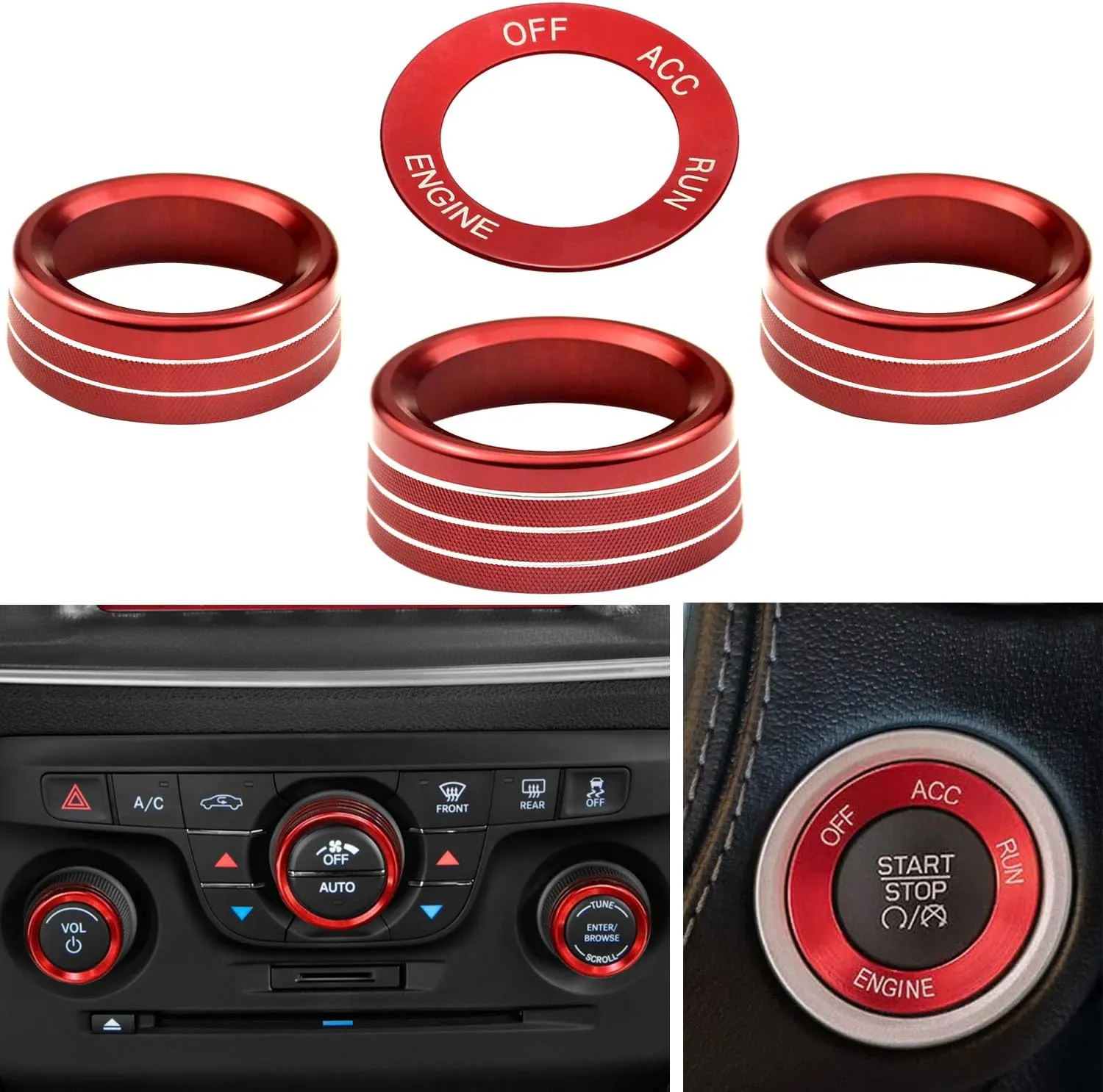 for Challeger Air Conditioner Turn Signal Light Climate Volume Auto Center Console Knob Ring Compatible with Dodge Challenger/Charger/Chrysler Stop Start Button Sticker 2015-2019 (Red)