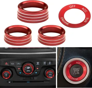 for Challeger Air Conditioner Turn Signal Light Climate Volume Auto Center Console Knob Ring Compatible with Dodge Challenger/Charger/Chrysler Stop Start Button Sticker 2015-2019 (Red)