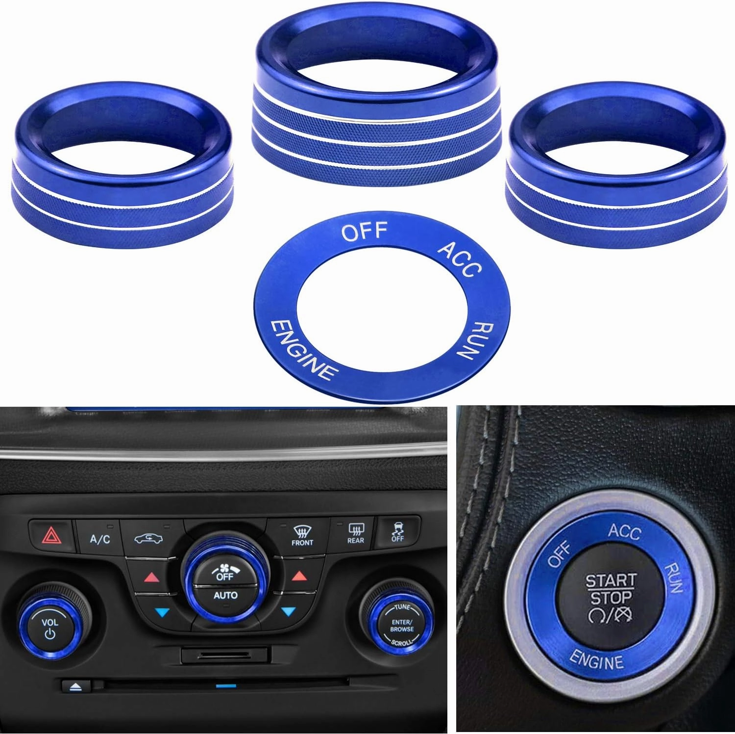 for Challeger Air Conditioner Turn Signal Light Climate Volume Auto Center Console Knob Ring Compatible with Dodge Challenger/Charger/Chrysler Stop Start Button Sticker 2015-2019 (Blue)